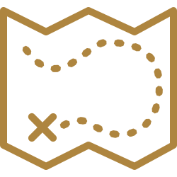 Gold map with a dotted arrow to x marks the spot logo