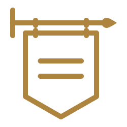 Gold upside down pentagon with two vertical lines on it hanging from a post - icon.